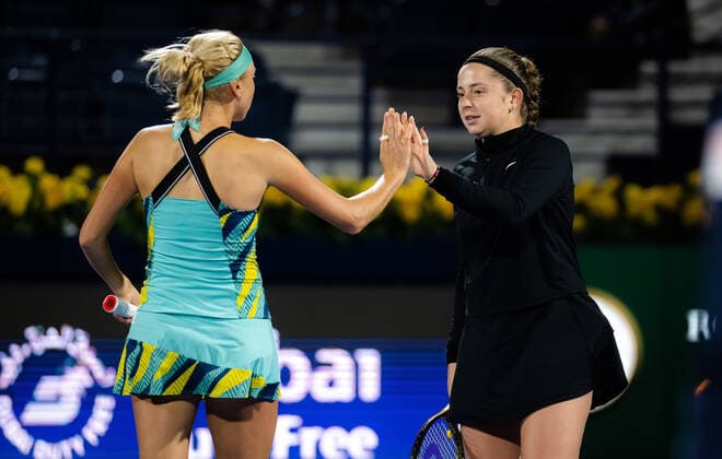 February 18, 2022, DUBAI, UNITED ARAB EMIRATES: Jelena Ostapenko of Latvia & Lyudmyla Kichenok of Ukraine in action during the doubles semi-final of the 2022 Dubai Duty Free Tennis Championships WTA, Tennis Damen 1000 tennis tournament DUBAI UNITED ARAB EMIRATES - ZUMAa181 20220218_zaa_a181_034 Copyright: xRobxPrangex