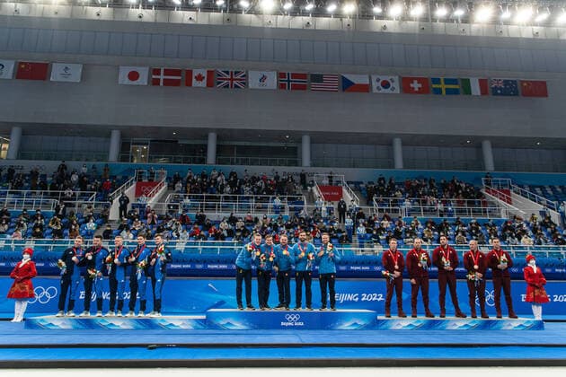 220219 Niklas Edin, Oskar Eriksson, Rasmus Wranaa, Christoffer Sundgren and Daniel Magnusson of Sweden celebrate with their gold medals at the podium after the mens curling final match between Sweden and Great Britain during day 15 of the 2022 Winter Olympics on February 19, 2022 in Beijing Photo Maxim ThorÃ BILDBYRAN code MT MT0332 curling olympic games olympics winter olympics os ol olympiska spel vinter os olympiske leker peking peking 2022 beijing 2022 beijing 2022 olympic games beijing 2022 winter olympic games peking os beijing ol vinter ol 15 bbeng sverige england jubel os gold,  Copyright: MAXIMxTHORE BB220219MT078