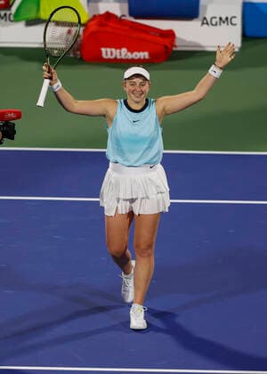 Jelena Ostapenko cheers after victory, jubilation, joy, emotion final, final tennis Dubai Tennis Championships WTA Dubai Duty Free Tennis Stadium Dubai United Arab Emirates 19 February 2022 Copyright: xJuergenxHasenkopfx