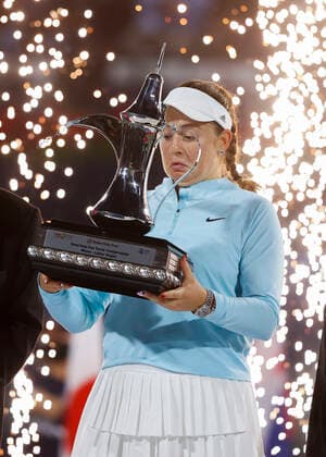 Winner Jelena Ostapenko, with the cup, trophy, award ceremony, presentation Tennis Dubai Tennis Championships WTA Dubai Duty Free Tennis Stadium Dubai United Arab Emirates 19 February 2022 Copyright: xJuergenxHasenkopfx