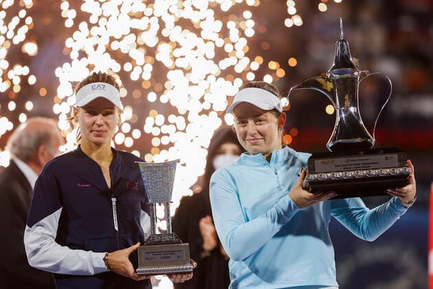 Finalist Veronika Kudermetova and winner Jelena Ostapenko with the cup, trophy, award ceremony, presentation Copyright: xJuergenxHasenkopfx
