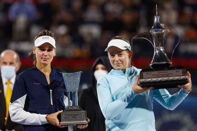 Finalist Veronika Kudermetova and winner Jelena Ostapenko with the cup, trophy, award ceremony, presentation Tennis Dubai Tennis Championships WTA Dubai Duty Free Tennis Stadium Dubai United Arab Emirates 19 February 2022 Copyright: xJuergenxHasenkopfx
