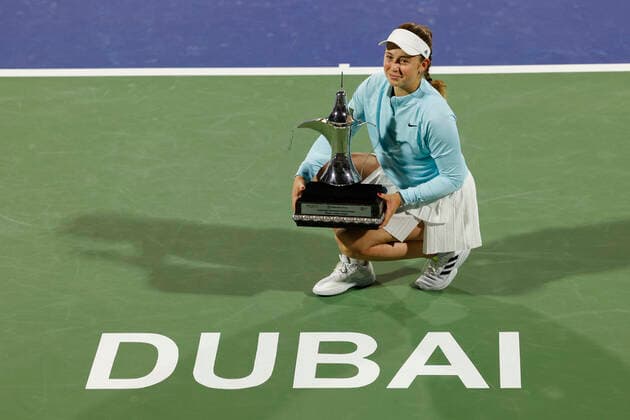 Winner Jelena Ostapenko, with the cup, trophy, award ceremony, presentation Tennis Dubai Tennis Championships WTA Dubai Duty Free Tennis Stadium Dubai United Arab Emirates 19 February 2022 Copyright: xJuergenxHasenkopfx