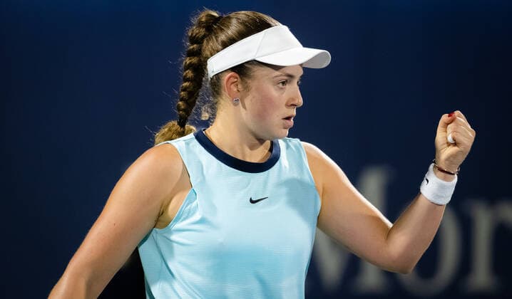 February 19, 2022, DUBAI, UNITED ARAB EMIRATES: Jelena Ostapenko of Latvia in action during the final of the 2022 Dubai Duty Free Tennis Championships WTA, Tennis Damen 1000 tennis tournament against Veronika Kudermetova of Russia DUBAI UNITED ARAB EMIRATES - ZUMAa181 20220219_zaa_a181_050 Copyright: xRobxPrangex