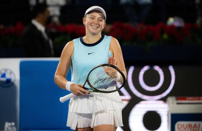 February 19, 2022, DUBAI, UNITED ARAB EMIRATES: Jelena Ostapenko of Latvia celebrates winning the final of the 2022 Dubai Duty Free Tennis Championships WTA, Tennis Damen 1000 tennis tournament against Veronika Kudermetova of Russia DUBAI UNITED ARAB EMIRATES - ZUMAa181 20220219_zaa_a181_053 Copyright: xRobxPrangex