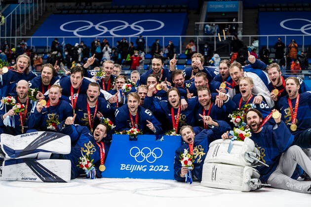220220 Players of Finland celebrate after the men s ice hockey final game between Finland and ROC Russia during day 16 of the 2022 Winter Olympics on February 20, 2022 in Beijing Photo Maxim Thore BILDBYRAN kod MT MT0334 bbeng ishockey ice hockey olympic games olympics winter olympics os ol olympics winter os olympics peking peking peking 2022 beijing 2022 beijing 2022 olympic games beijing 2022 winter olympic games beijing os beijing ol winter ol final russia finland russia cheer,  Copyright: MAXIMxTHORE BB220220MT022