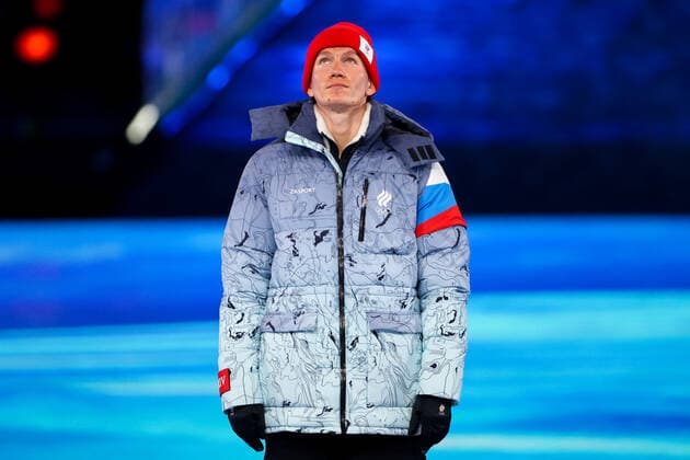BEIJING, CHINA â€“ FEBRUARY 20, 2022: Gold medallist Alexander Bolshunov of Team ROC poses at a victory ceremony for the men s 30km cross-country skiing mass start race at the closing ceremony of the Beijing 2022 Winter Olympic Games, Olympische Spiele, Olympia, OS at the National Stadium (also known as the Bird s Nest). The men s 50km cross-country skiing mass start race has been shortened to 30km due to weather conditions. Valery Sharifulin TASS  TS124954
