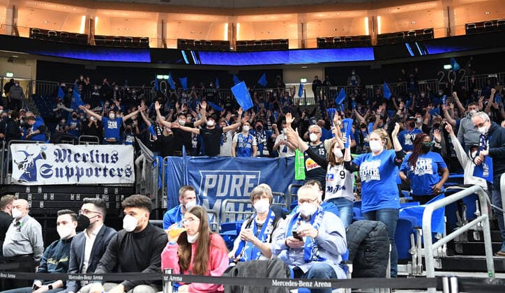 Basketball, men, 2021 2022 season, MagentaSport BBL Cup, Top Four Final , Hakro Merlins Crailsheim Alba Berlin, Crailsheim fans, 20 02 2022, Copyright: xSebastianxRäppold MatthiasxKochx