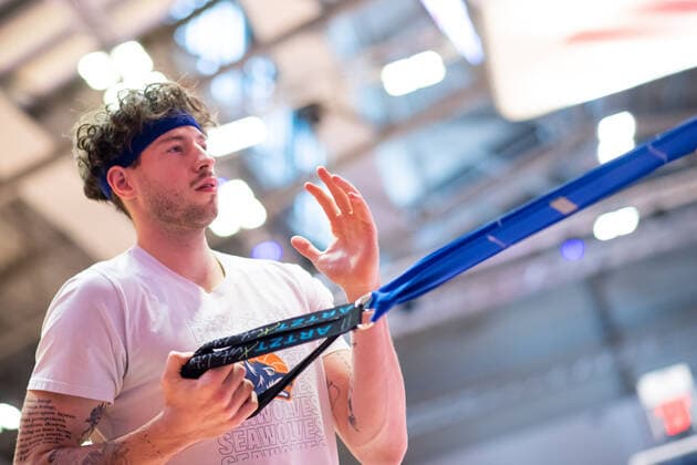 BARMER 2 Basketball Bundesliga ProA Season 2021 2022 Matchday 26 on 20 2 22 Medipolis SC Jena vs Rostock Seawolves Sid Marlon Theis Rostock warming up, portrait Sparkassen Arena