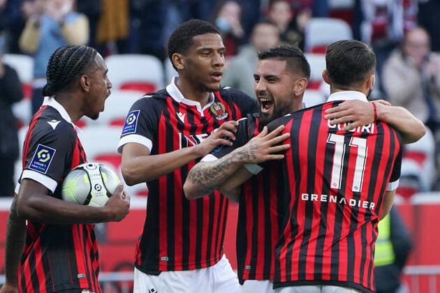 Andy Delort (OGC Nice) - Pablo Rosario (OGC Nice) - Amine Gouiri (OGC Nice) - Jean Clair Todibo (OGC Nice) FOOTBALL : OGC Nice vs SCO Angers - Ligue 1 Uber Eats - Nice - 20 02 2022 NorbertScanella Panoramic 
