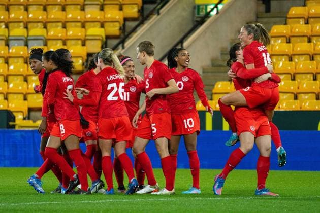 Norwich, England, February 20th Canada celebrate opening goal (1-0) during the Arnold Clark Cup game between Canada and Germany at Carrow Road in Norwich, England Sam Mallia SPP Canada v Germany - Arnold Clark Cup - Carrow Road 