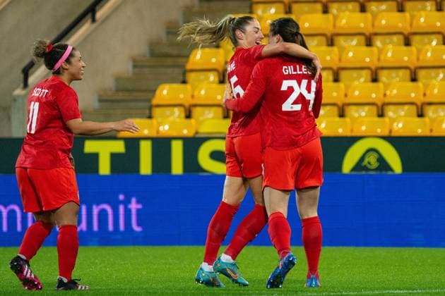 Norwich, England, February 20th Canada celebrate opening goal (1-0) during the Arnold Clark Cup game between Canada and Germany at Carrow Road in Norwich, England Sam Mallia SPP Canada v Germany - Arnold Clark Cup - Carrow Road 