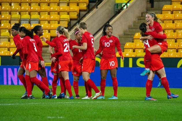 Norwich, England, February 20th Canada celebrate opening goal (1-0) during the Arnold Clark Cup game between Canada and Germany at Carrow Road in Norwich, England Sam Mallia SPP Canada v Germany - Arnold Clark Cup - Carrow Road 