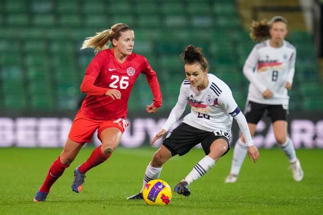Mandatory Credit: Photo by Joe Toth Shutterstock (12812705f) Cloé Lacasse of Canada Women and Lina Magull of Germany Women Canada Women v Germany Women, Arnold Clark Cup 2022, Football, Carrow Road, Norwich, UK - 20 Feb 2022 EDITORIAL USE ONLY No use with unauthorised audio, video, data, fixture lists, club league logos or live services. Online in-match use limited to 120 images, no video emulation. No use in betting, games or single club league player publications. Canada Women v Germany Women, Arnold Clark Cup 2022, Football, Carrow Road, Norwich, UK - 20 Feb 2022 EDITORIAL USE ONLY No use with unauthorised audio, video, data, fixture lists, club league logos or live services. Online in-match use limited to 120 images, no video emulation. No use in betting, games or single club league player publications. Copyright: xJoexToth Shutterstockx 12812705f