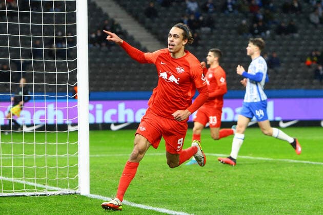 Berlin, Germany 20 February 2022 1 BL 2021 2022 Hertha BSC Berlin vs RB Leipzig Yussuf Poulsen Leipzig, 9 cheers his goal to 1 6 DFL regulations prohibit any use of photographs as image sequences and or quasi video Olympiastadion Berlin Copyright: xFotostandx xTaegerx