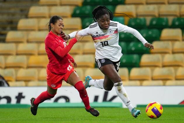 Mandatory Credit: Photo by Joe Toth Shutterstock (12812705j) Jayde Riviere of Canada Women and Nicole Anyomi of Germany Women Canada Women v Germany Women, Arnold Clark Cup 2022, Football, Carrow Road, Norwich, UK - 20 Feb 2022 EDITORIAL USE ONLY No use with unauthorised audio, video, data, fixture lists, club league logos or live services. Online in-match use limited to 120 images, no video emulation. No use in betting, games or single club league player publications. Canada Women v Germany Women, Arnold Clark Cup 2022, Football, Carrow Road, Norwich, UK - 20 Feb 2022 EDITORIAL USE ONLY No use with unauthorised audio, video, data, fixture lists, club league logos or live services. Online in-match use limited to 120 images, no video emulation. No use in betting, games or single club league player publications. Copyright: xJoexToth Shutterstockx 12812705j