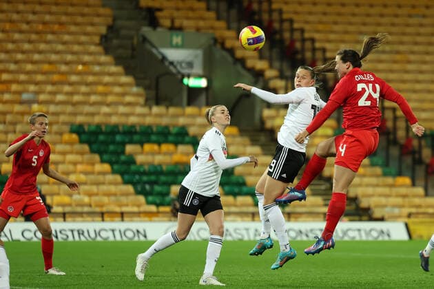 20th February 2022 ; Carrow Road, Norwich, Norforlk, England; Arnold Clark Womens International football Canada versus Germany: Vanessa Gilles ff Canada wins the header and scores for 1-0  ActionPlus12366128 ShaunxBrooks