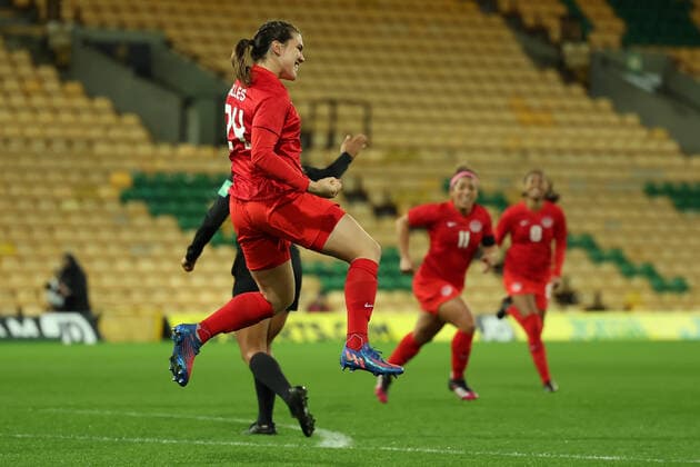 20th February 2022 ; Carrow Road, Norwich, Norforlk, England; Arnold Clark Womens International football Canada versus Germany: Vanessa Gilles of Canada celebrates after she scores for 1-0  ActionPlus12366131 ShaunxBrooks