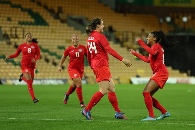 20th February 2022 ; Carrow Road, Norwich, Norforlk, England; Arnold Clark Womens International football Canada versus Germany: Vanessa Gilles of Canada celebrates after she scores for 1-0  ActionPlus12366133 ShaunxBrooks