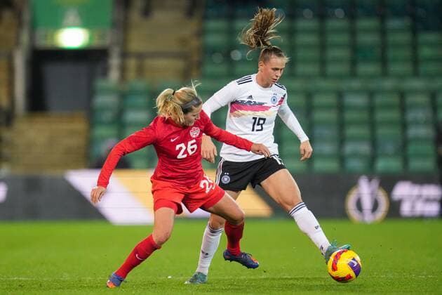 Mandatory Credit: Photo by Joe Toth Shutterstock (12812705n) Cloé Lacasse of Canada Women and Klara Bühl of Germany Women Canada Women v Germany Women, Arnold Clark Cup 2022, Football, Carrow Road, Norwich, UK - 20 Feb 2022 EDITORIAL USE ONLY No use with unauthorised audio, video, data, fixture lists, club league logos or live services. Online in-match use limited to 120 images, no video emulation. No use in betting, games or single club league player publications. Canada Women v Germany Women, Arnold Clark Cup 2022, Football, Carrow Road, Norwich, UK - 20 Feb 2022 EDITORIAL USE ONLY No use with unauthorised audio, video, data, fixture lists, club league logos or live services. Online in-match use limited to 120 images, no video emulation. No use in betting, games or single club league player publications. Copyright: xJoexToth Shutterstockx 12812705n