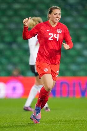 Mandatory Credit: Photo by Joe Toth Shutterstock (12812705l) Vanessa Gilles of Canada Women celebrates her goal, 0-1 Canada Women v Germany Women, Arnold Clark Cup 2022, Football, Carrow Road, Norwich, UK - 20 Feb 2022 EDITORIAL USE ONLY No use with unauthorised audio, video, data, fixture lists, club league logos or live services. Online in-match use limited to 120 images, no video emulation. No use in betting, games or single club league player publications. Canada Women v Germany Women, Arnold Clark Cup 2022, Football, Carrow Road, Norwich, UK - 20 Feb 2022 EDITORIAL USE ONLY No use with unauthorised audio, video, data, fixture lists, club league logos or live services. Online in-match use limited to 120 images, no video emulation. No use in betting, games or single club league player publications. Copyright: xJoexToth Shutterstockx 12812705l