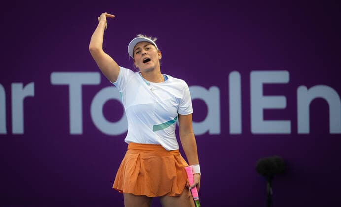 February 20, 2022, DOHA, QATAR: Marta Kostyuk of Ukraine in action during the first round at the 2022 Qatar TotalEnergies Open 2022 WTA, Tennis Damen 1000 tennis tournament DOHA QATAR - ZUMAa181 20220220_zaa_a181_144 Copyright: xRobxPrangex