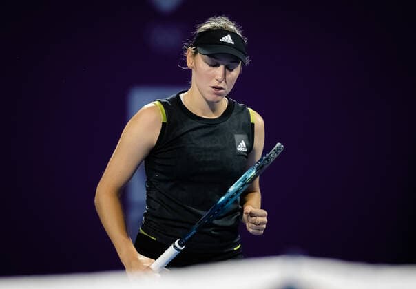February 20, 2022, DOHA, QATAR: Kaja Juvan of Slovenia in action during the first round at the 2022 Qatar TotalEnergies Open 2022 WTA, Tennis Damen 1000 tennis tournament DOHA QATAR - ZUMAa181 20220220_zaa_a181_153 Copyright: xRobxPrangex