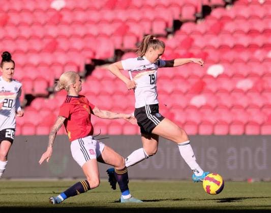 The Riverside Stadium, Middlesbr Maria Leon (Spain, 16) and Klara Buhl (Germany, 19) during the Arnold Clark Cup match between Spain and Germany at The Riverside Stadium in Middlesbrough, England Arnold Clark Cup Alex Todd SPP Spain v Germany 