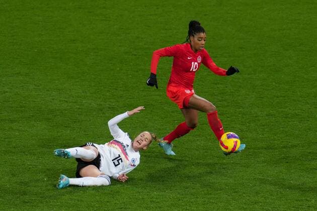 Mandatory Credit: Photo by Joe Toth Shutterstock (12812705p) Giulia Gwinn of Germany Women and Ashley Lawrence of Canada Women Canada Women v Germany Women, Arnold Clark Cup 2022, Football, Carrow Road, Norwich, UK - 20 Feb 2022 EDITORIAL USE ONLY No use with unauthorised audio, video, data, fixture lists, club league logos or live services. Online in-match use limited to 120 images, no video emulation. No use in betting, games or single club league player publications. Canada Women v Germany Women, Arnold Clark Cup 2022, Football, Carrow Road, Norwich, UK - 20 Feb 2022 EDITORIAL USE ONLY No use with unauthorised audio, video, data, fixture lists, club league logos or live services. Online in-match use limited to 120 images, no video emulation. No use in betting, games or single club league player publications. Copyright: xJoexToth Shutterstockx 12812705p