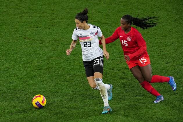 Mandatory Credit: Photo by Joe Toth Shutterstock (12812705y) Sara Doorsoun of Germany Women and Nichelle Prince of Canada Women Canada Women v Germany Women, Arnold Clark Cup 2022, Football, Carrow Road, Norwich, UK - 20 Feb 2022 EDITORIAL USE ONLY No use with unauthorised audio, video, data, fixture lists, club league logos or live services. Online in-match use limited to 120 images, no video emulation. No use in betting, games or single club league player publications. Canada Women v Germany Women, Arnold Clark Cup 2022, Football, Carrow Road, Norwich, UK - 20 Feb 2022 EDITORIAL USE ONLY No use with unauthorised audio, video, data, fixture lists, club league logos or live services. Online in-match use limited to 120 images, no video emulation. No use in betting, games or single club league player publications. Copyright: xJoexToth Shutterstockx 12812705y