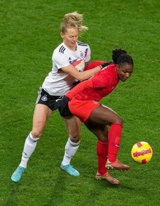 Mandatory Credit: Photo by Joe Toth Shutterstock (12812705ab) Deanne Rose of Canada Women and Maximiliane Rall of Germany Women Canada Women v Germany Women, Arnold Clark Cup 2022, Football, Carrow Road, Norwich, UK - 20 Feb 2022 EDITORIAL USE ONLY No use with unauthorised audio, video, data, fixture lists, club league logos or live services. Online in-match use limited to 120 images, no video emulation. No use in betting, games or single club league player publications. Canada Women v Germany Women, Arnold Clark Cup 2022, Football, Carrow Road, Norwich, UK - 20 Feb 2022 EDITORIAL USE ONLY No use with unauthorised audio, video, data, fixture lists, club league logos or live services. Online in-match use limited to 120 images, no video emulation. No use in betting, games or single club league player publications. Copyright: xJoexToth Shutterstockx 12812705ab