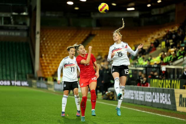 20th February 2022 ; Carrow Road, Norwich, Norforlk, England; Arnold Clark Womens International football Canada versus Germany: Giulia Gwinn of Germany wins a header  ActionPlus12366227 ShaunxBrooks