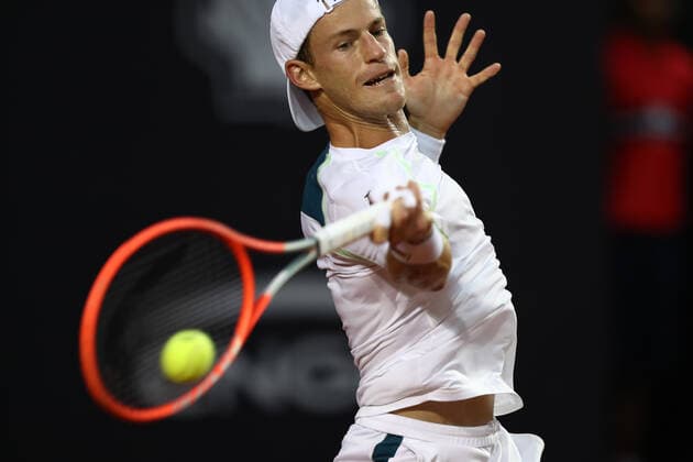 (220221) -- BRAZIL, Feb. 21, 2022 -- Diego Schwartzman of Argentina hits a return during the ATP, Tennis Herren 500 Rio Open s final match between Carlos Alcaraz of Spain and Diego Schwartzman of Argentina at Jockey Club Brasileiro in Rio de Janeiro, Brazil, Feb. 20, 2022. ) (SP)BRAZIL-RIO DE JANEIRO-TENNIS-ATP 500 RIO OPEN-FINAL WangxTiancong 