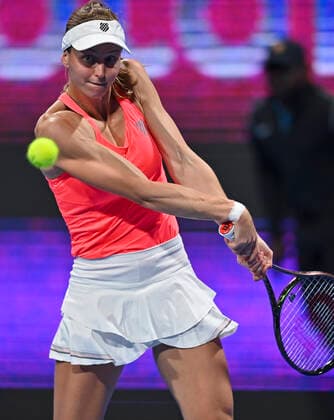 (220221) -- DOHA, Feb. 21, 2022 -- Liudmila Samsonova of Russia returns the ball during the first round of WTA, Tennis Damen Qatar Open tennis tournament match against Aliz Cornet of France at the Khalifa International Tennis Complex in Doha, capital of Qatar, on Feb. 20, 2022. (Photo by Nikku Xinhua) (SP)QATAR-DOHA-TENNIS-WTA QATAR OPEN yangyuanyong 