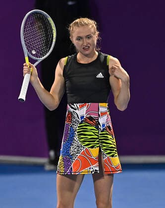 (220221) -- DOHA, Feb. 21, 2022 -- Aliaksandra Sasnovich of Belarus reacts during the first round of WTA, Tennis Damen Qatar Open tennis tournament match against Zhang Shuai of China at the Khalifa International Tennis Complex in Doha, capital of Qatar, on Feb. 20, 2022. (Photo by Nikku Xinhua) (SP)QATAR-DOHA-TENNIS-WTA QATAR OPEN yangyuanyong 