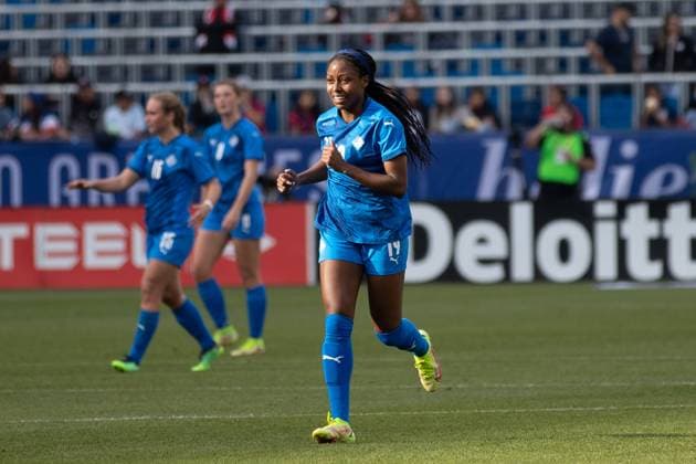 Carson, California, February 20t Natasha Anasi (19 Iceland) smiles after Iceland scored the second goal of the game during the She Believes Cup game between Czech Republic and Iceland at Dignity Health Sports Park in Carson, California. Andrea Vilchez SPP Czech Republic v Iceland - She Believes Cup - Dignity Health Sports Park 