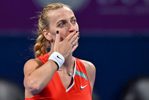(220222) -- DOHA, Feb. 22, 2022 -- Petra Kvitova of the Czech Republic celebrates after winning the first round of WTA, Tennis Damen Qatar Open tennis tournament match against Irina-Camelia Begu of Romania at the Khalifa International Tennis Complex in Doha, capital of Qatar, on Feb. 21, 2022. (Photo by Xinhua) (SP)QATAR-DOHA-TENNIS-WTA QATAR OPEN Nikku 