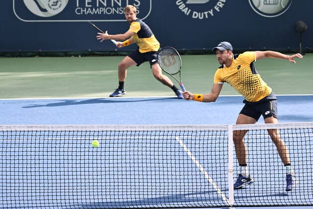 Kevin Krawietz cap and Andreas Mies, GER, during mens first round of 2022 Dubai Championships in Dubai, 22 02 2022