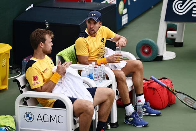 Kevin Krawietz cap and Andreas Mies, GER, during mens first round of 2022 Dubai Championships in Dubai, 22 02 2022