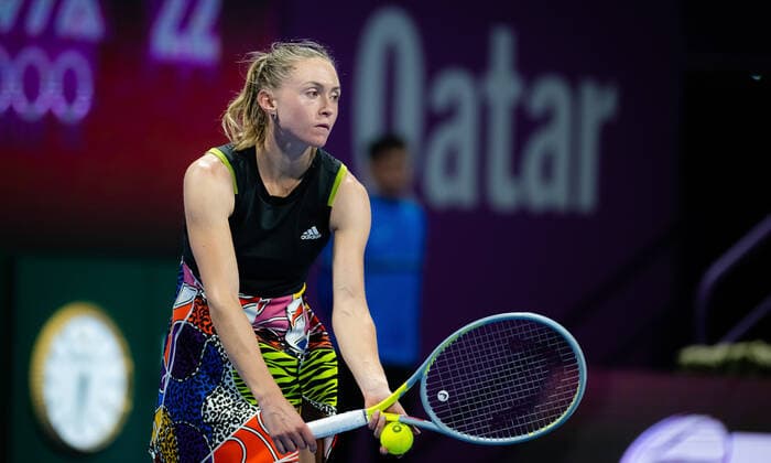 February 22, 2022, DOHA, QATAR: Aliaksandra Sasnovich of Belarus in action during the second round of the 2022 Qatar TotalEnergies Open 2022 WTA, Tennis Damen 1000 tennis tournament DOHA QATAR - ZUMAa181 20220222_zaa_a181_029 Copyright: xRobxPrangex