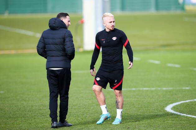 RB Leipzig training 23 02 2022 Leipzig, 23 02 2022, RB Leipzig training center, football, 1 Bundesliga , RB Leipzig final training before the UEFA Europa League match against Real Sociedad San Sebastian , In picture f l coach Domenico Tedesco and Angelino Angelino ,