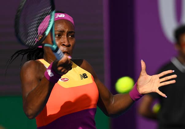 (220223) -- DOHA, Feb. 23, 2022 -- Cori Gauff of the United States hits a return during the round of 16 match of WTA, Tennis Damen Qatar Open tennis tournament between Cori Gauff of the United States and Paula Badosa of Spain at the Khalifa International Tennis Complex in Doha, capital of Qatar, Feb. 23, 2022. (Photo by Nikku Xinhua) (SP)QATAR-DOHA-TENNIS-QATAR OPEN-ROUND OF 16 yangyuanyong 
