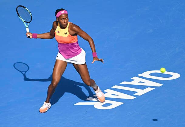 (220223) -- DOHA, Feb. 23, 2022 -- Cori Gauff of the United States hits a return during the round of 16 match of WTA, Tennis Damen Qatar Open tennis tournament between Cori Gauff of the United States and Paula Badosa of Spain at the Khalifa International Tennis Complex in Doha, capital of Qatar, Feb. 23, 2022. (Photo by Nikku Xinhua) (SP)QATAR-DOHA-TENNIS-QATAR OPEN-ROUND OF 16 yangyuanyong 