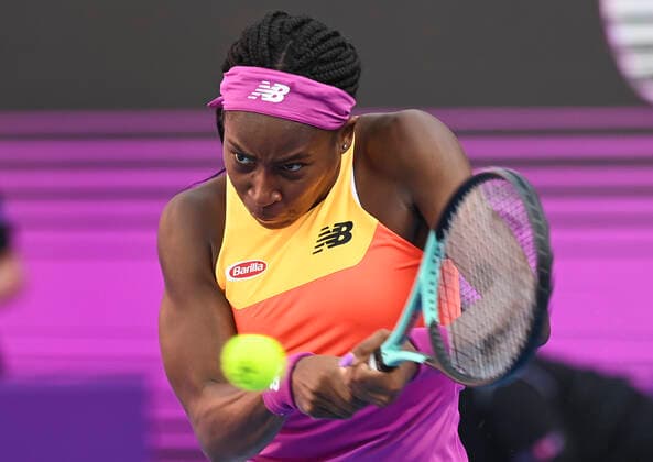 (220223) -- DOHA, Feb. 23, 2022 -- Cori Gauff of the United States hits a return during the round of 16 match of WTA, Tennis Damen Qatar Open tennis tournament between Cori Gauff of the United States and Paula Badosa of Spain at the Khalifa International Tennis Complex in Doha, capital of Qatar, Feb. 23, 2022. (Photo by Nikku Xinhua) (SP)QATAR-DOHA-TENNIS-QATAR OPEN-ROUND OF 16 yangyuanyong 
