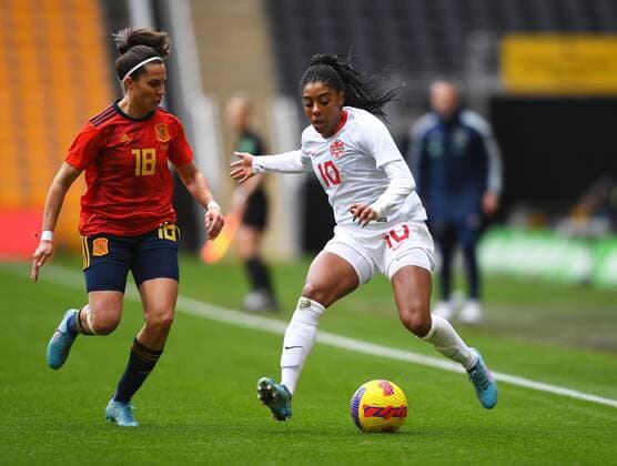 Mandatory Credit: Photo by Anna Gowthorpe Shutterstock (12819430b) Marta Cardona of Spain and Ashley Lawrence of Canada Spain Women v Canada Women, Arnold Clark Cup 2022, Football, Molineux, Wolverhampton, UK - 23 Feb 2022 EDITORIAL USE ONLY No use with unauthorised audio, video, data, fixture lists, club league logos or live services. Online in-match use limited to 120 images, no video emulation. No use in betting, games or single club league player publications. Spain Women v Canada Women, Arnold Clark Cup 2022, Football, Molineux, Wolverhampton, UK - 23 Feb 2022 EDITORIAL USE ONLY No use with unauthorised audio, video, data, fixture lists, club league logos or live services. Online in-match use limited to 120 images, no video emulation. No use in betting, games or single club league player publications. Copyright: xAnnaxGowthorpe Shutterstockx 12819430b