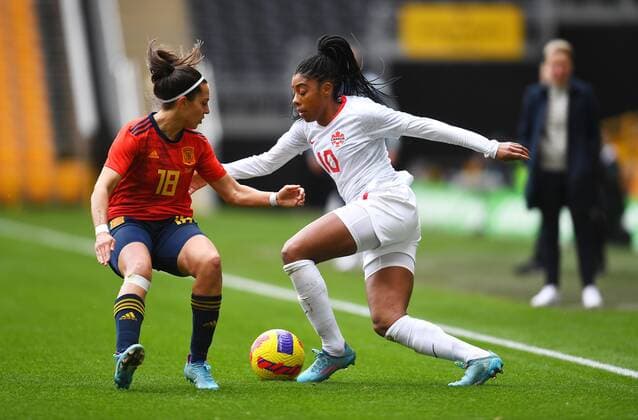 Mandatory Credit: Photo by Anna Gowthorpe Shutterstock (12819430c) Marta Cardona of Spain and Ashley Lawrence of Canada Spain Women v Canada Women, Arnold Clark Cup 2022, Football, Molineux, Wolverhampton, UK - 23 Feb 2022 EDITORIAL USE ONLY No use with unauthorised audio, video, data, fixture lists, club league logos or live services. Online in-match use limited to 120 images, no video emulation. No use in betting, games or single club league player publications. Spain Women v Canada Women, Arnold Clark Cup 2022, Football, Molineux, Wolverhampton, UK - 23 Feb 2022 EDITORIAL USE ONLY No use with unauthorised audio, video, data, fixture lists, club league logos or live services. Online in-match use limited to 120 images, no video emulation. No use in betting, games or single club league player publications. Copyright: xAnnaxGowthorpe Shutterstockx 12819430c