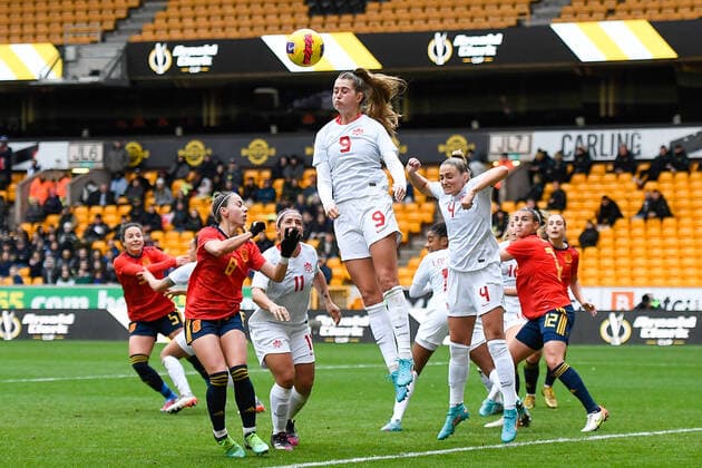Spain Women v Canada Women Arnold Clark Cup Jordyn Huitema of Canada Women heads the ball clear during the Arnold Clark Cup match at Molineux, Wolverhampton Content Not Available For UK Newspapers Copyright: xWaynexTuckwellx FIL-16571-0043