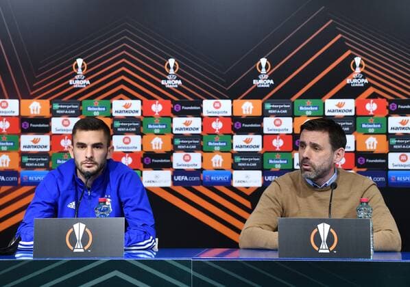 PXL_Dinamo Zagreb Press Coach Zeljko Kopic of Dinamo and football player of Dinamo Bartol Franjic during press conference, PK, Pressekonferenz of Dinamo Zagreb football club, in Zagreb, Croatia, on February 23, 2022. Dinamo Zagreb will face Spanish club Sevilla on February 24 in the secodn leg in knockout round play-offs of the UEFA Europa League. MarkoxLukunic PIXSELL