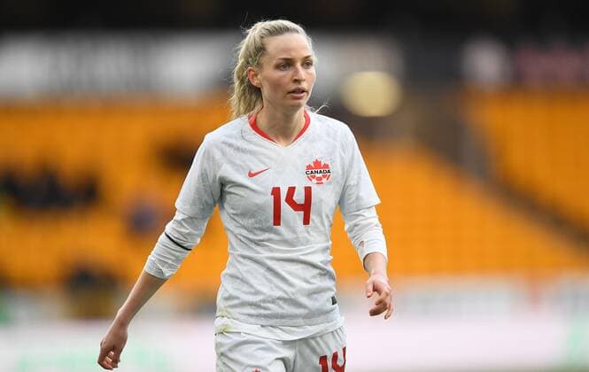 Mandatory Credit: Photo by Anna Gowthorpe Shutterstock (12819430aw) Gabrielle Carle of Canada Spain Women v Canada Women, Arnold Clark Cup 2022, Football, Molineux, Wolverhampton, UK - 23 Feb 2022 EDITORIAL USE ONLY No use with unauthorised audio, video, data, fixture lists, club league logos or live services. Online in-match use limited to 120 images, no video emulation. No use in betting, games or single club league player publications. Spain Women v Canada Women, Arnold Clark Cup 2022, Football, Molineux, Wolverhampton, UK - 23 Feb 2022 EDITORIAL USE ONLY No use with unauthorised audio, video, data, fixture lists, club league logos or live services. Online in-match use limited to 120 images, no video emulation. No use in betting, games or single club league player publications. Copyright: xAnnaxGowthorpe Shutterstockx 12819430aw