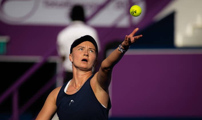 February 23, 2022, DOHA, QATAR: Barbora Krejcikova of the Czech Republic in action during the third round of the 2022 Qatar TotalEnergies Open 2022 WTA, Tennis Damen 1000 tennis tournament DOHA QATAR - ZUMAa181 20220223_zaa_a181_023 Copyright: xRobxPrangex